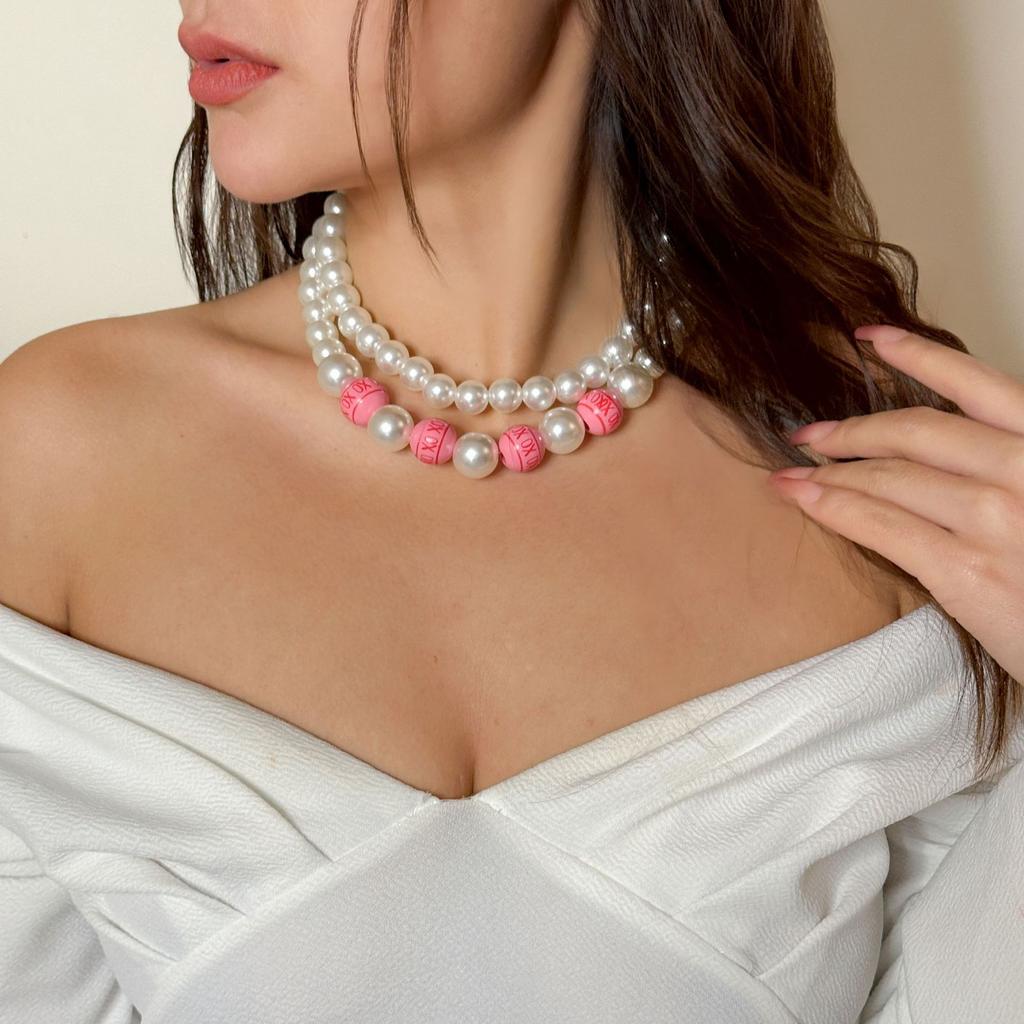 Green Element Necklace, Personalized Color Beaded Imitation Pearl Love Valentine'S Neck