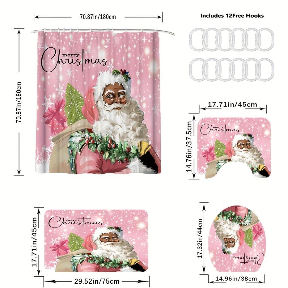 4-teiliges Weihnachtsmann-Duschvorhang-Set, wasserdichter Duschvorhang mit 12 Haken an der Rückseite, Badezimmermatte, U-förmiger WC-Vorleger, WC-Deckel-Pad