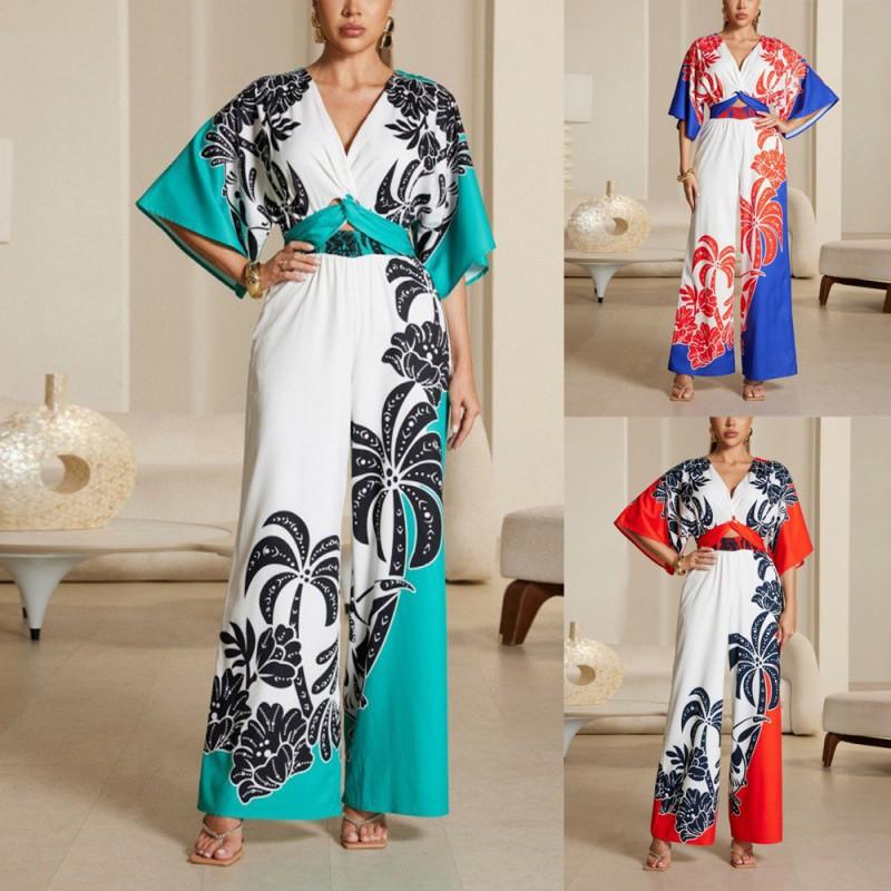 Womens V-Neck Printed Jumpsuit High-Waisted Wide-Leg Pants Casual Office Wear Lightweight Batwing Sleeve