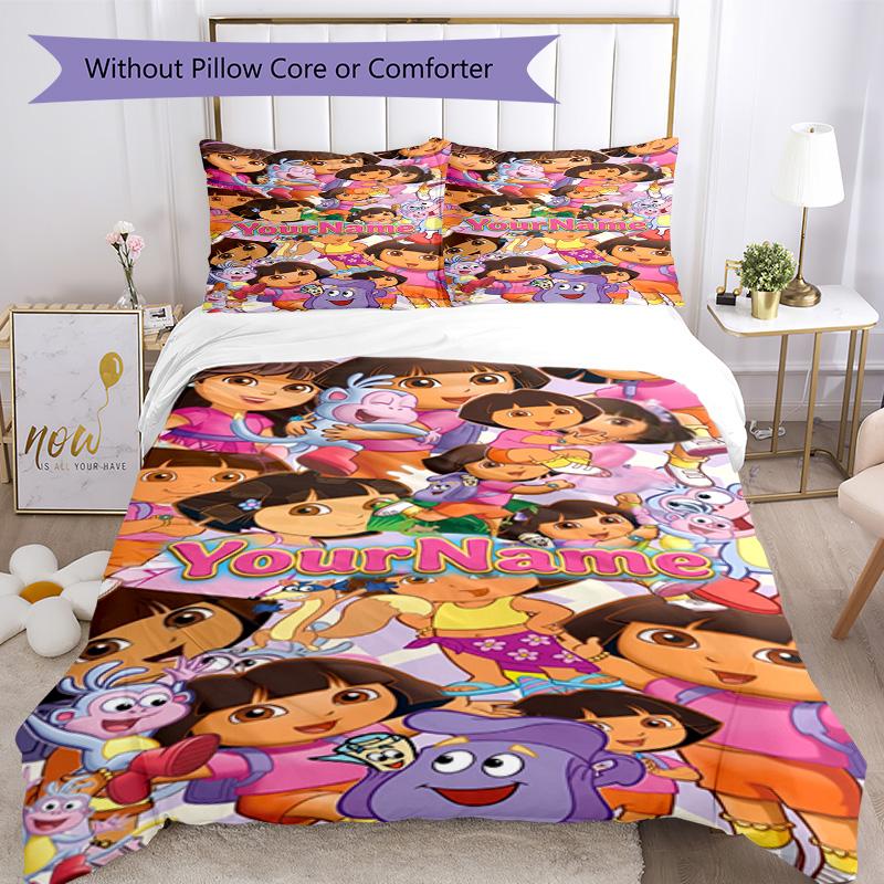 Dora Explorer Customize Your Name Bedding Set Breathable Duvet Cover with Pillowcases Home Decoration Birthday Gift