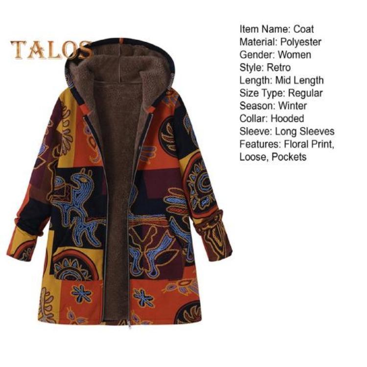 Women Winter Coat Retro Floral Print Zip Up Hooded Jacket Mid Length Plush Thick Warm Pockets Long Sleeves Daily Leisure Wear