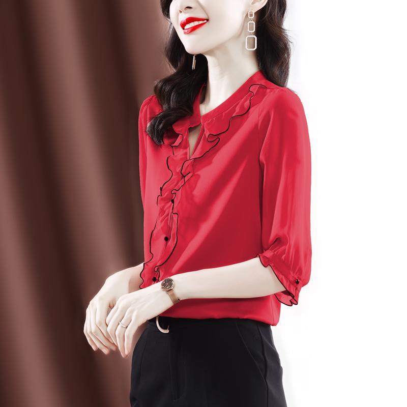 Woman Half Sleeve V Neck Chiffon Blouses Top Urban Office Lady Fashion Pullovers Blouse Women's Vintage Elegant Black Shirt 2022