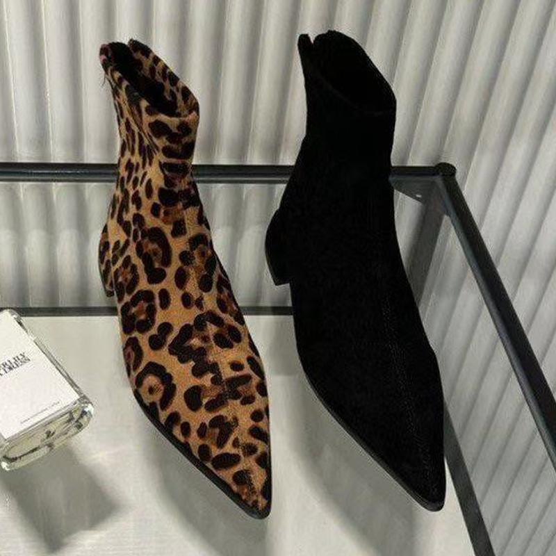 Fashion Leopard Women Ankle Boots Suede Fashion Pointed Toe Shoes Sexy Designer Heeled Boots 2025 Winter Cozy Luxury Mujer Chelsea Botas