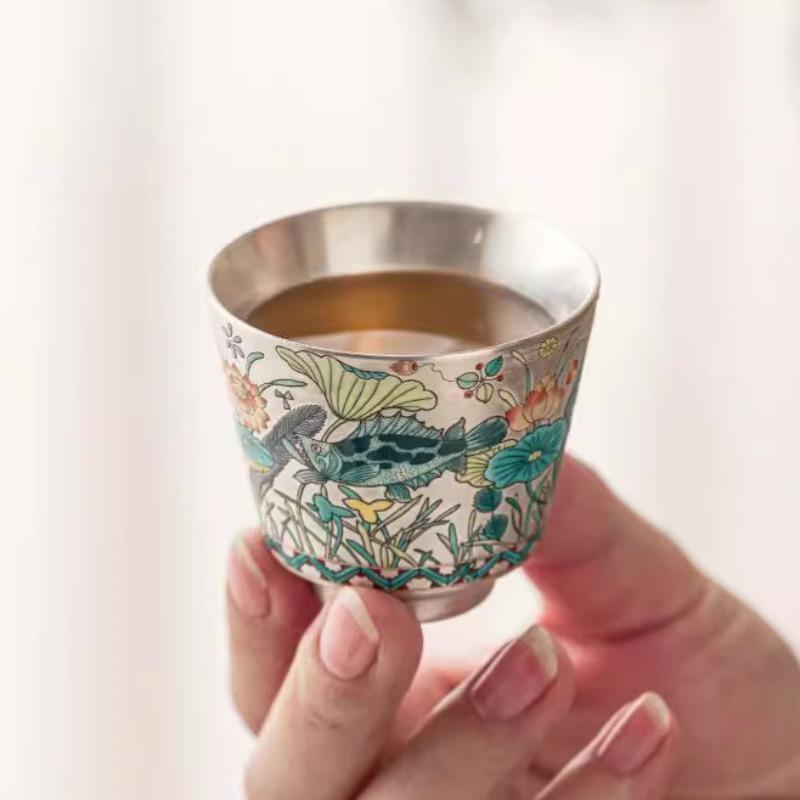 Plating Silver Ceramics Teacup Hand-painted Fish Master Cup Retro Tea Bowl Chinese Kung Fu Teaset Drinkware Teaware Tea Ceremony