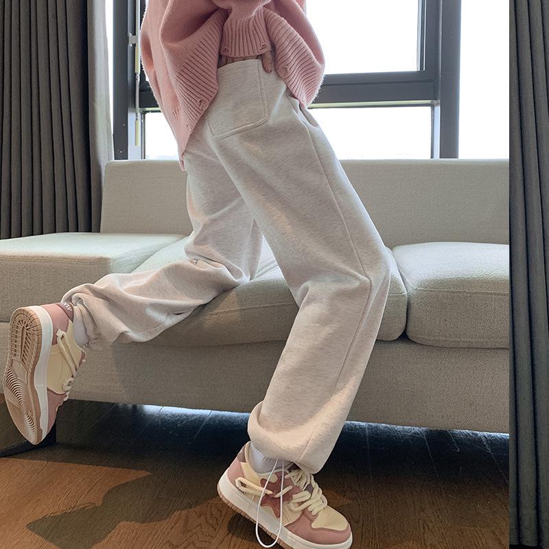 Women's High-Waisted Fleece-Lined Wide-Leg Sweatpants, Autumn/Winter 2024 - White/Gray