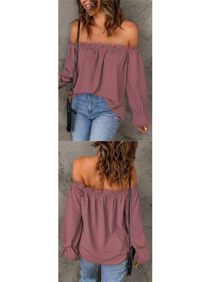 Women's Off-the-Shoulder Chiffon Blouse - European and American Style, Solid Color Pullover for Spring and Autumn, Sexy & Elegant.