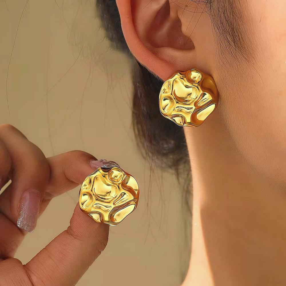 Round Irregular Stone-Shaped Pleated Gold Stainless Steel Stud Earrings for Women Vintage Korean Design Studs Jewelry Set
