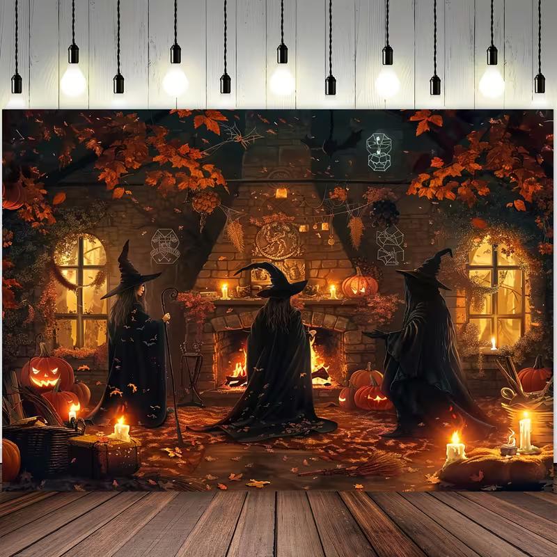 

2D Halloween Witch Gathering Tapestry, Autumn Cottage Wall Hanging Background Cloth 47.2x31.5inch/120*80cm