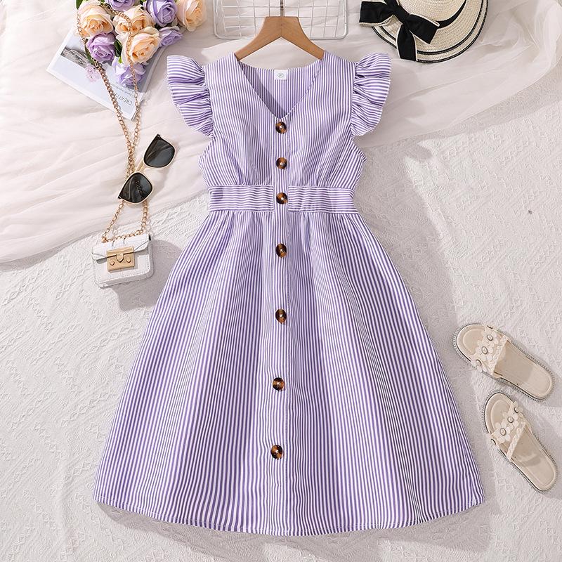 2025 Girls' Summer Striped Princess Dress with Fly Sleeves