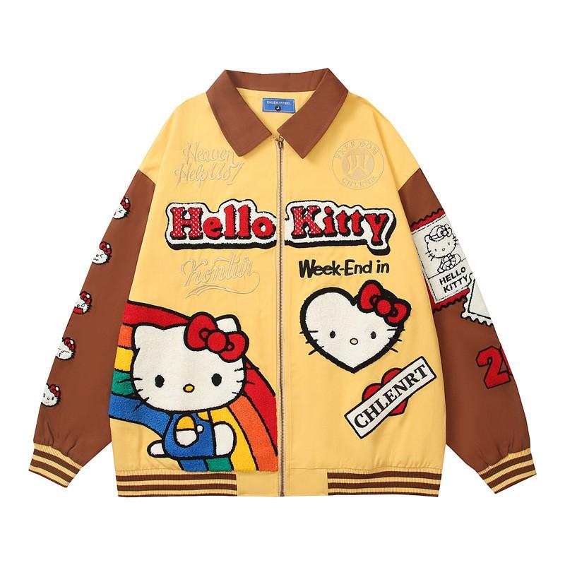 Unisex Oversized Cotton Baseball Jacket With Retro Cartoon Cat Embroidery Streetwear Casual Outerwear