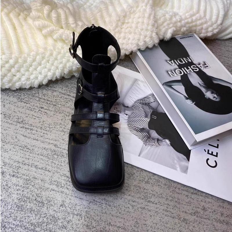 Summer High-quality Women's Shoes, Fashionable Solid Color Low-heeled Square Toe One-line Buckle Zipper Women's Toe-cap Sandals