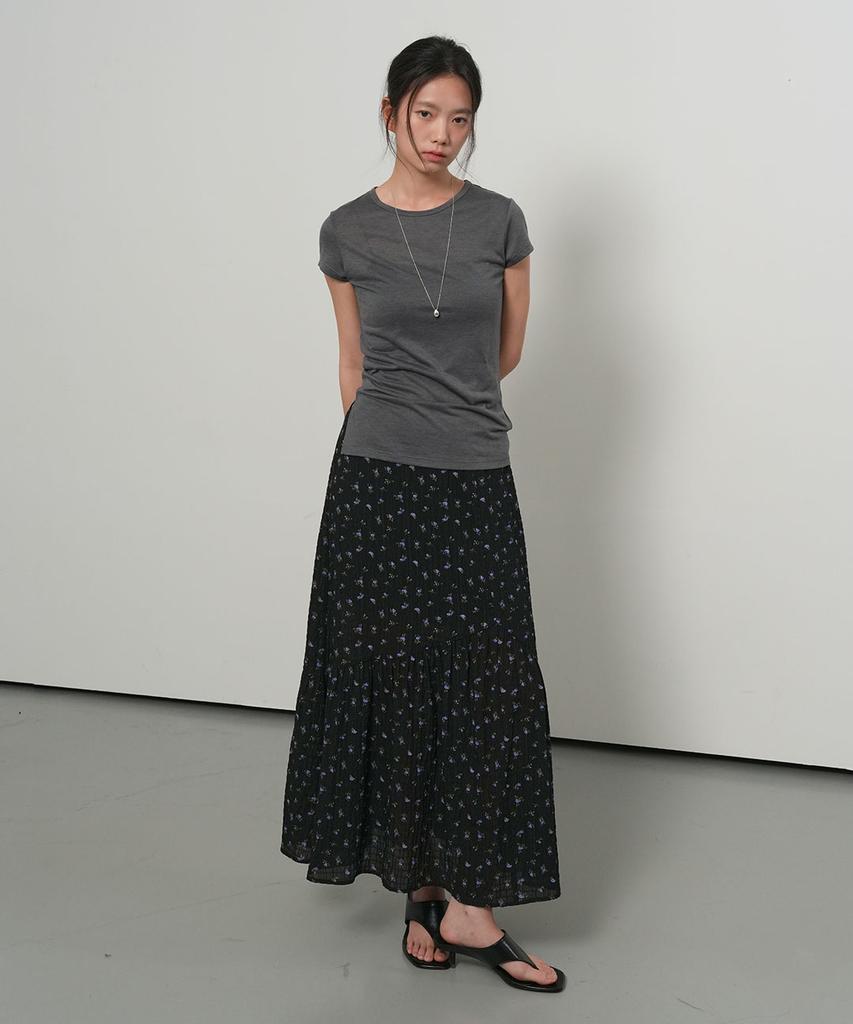 General Idea Flower Shirred Maxi Skirt [Black] / Gf2Lsk521