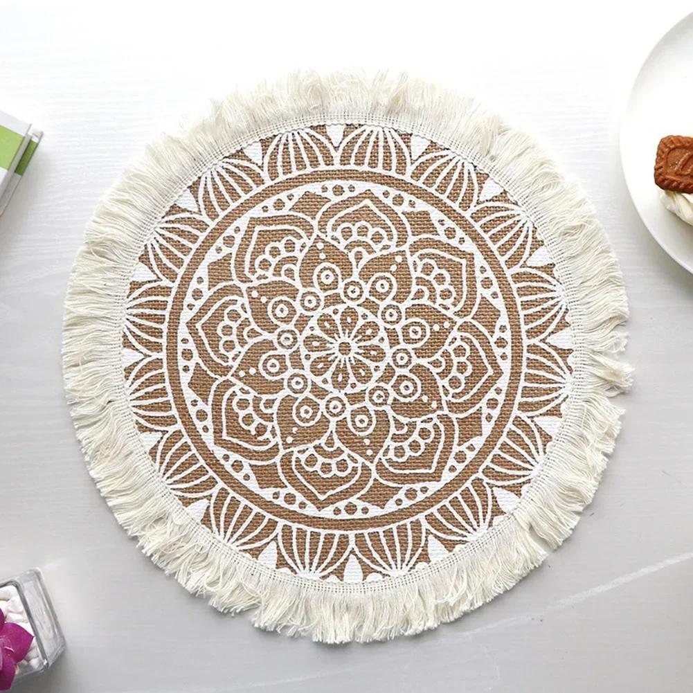Elegant Jute Placemats With Tassels Heat Insulation Mats Dining Table Embroidery Tassels Table Mat Pad Tableware Coaster Party