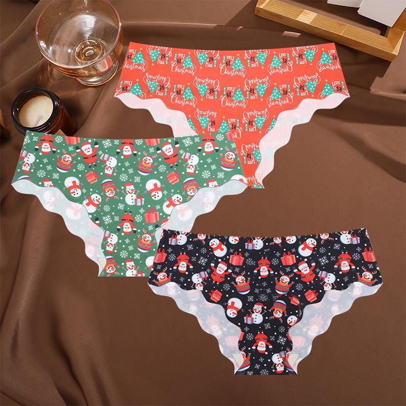 

FINETOO 3 шт./комплект рождественские трусики со снежинками и Санта-Клаусом сексуальное дышащее женское нижнее белье с низкой талией волнистые узоры трусики Счастливого Рождества L&Set