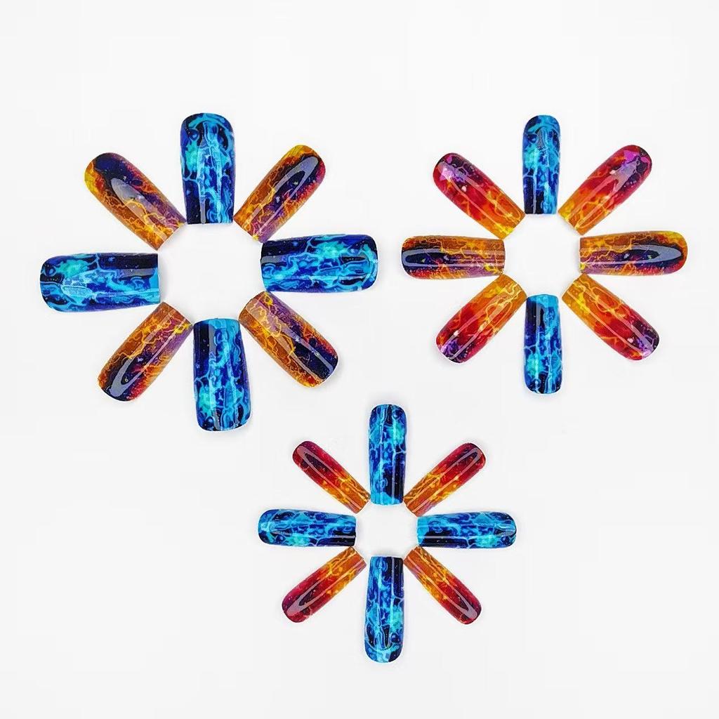 Red & Blue Flame Gradient Square False Nails – 2 Piece Set