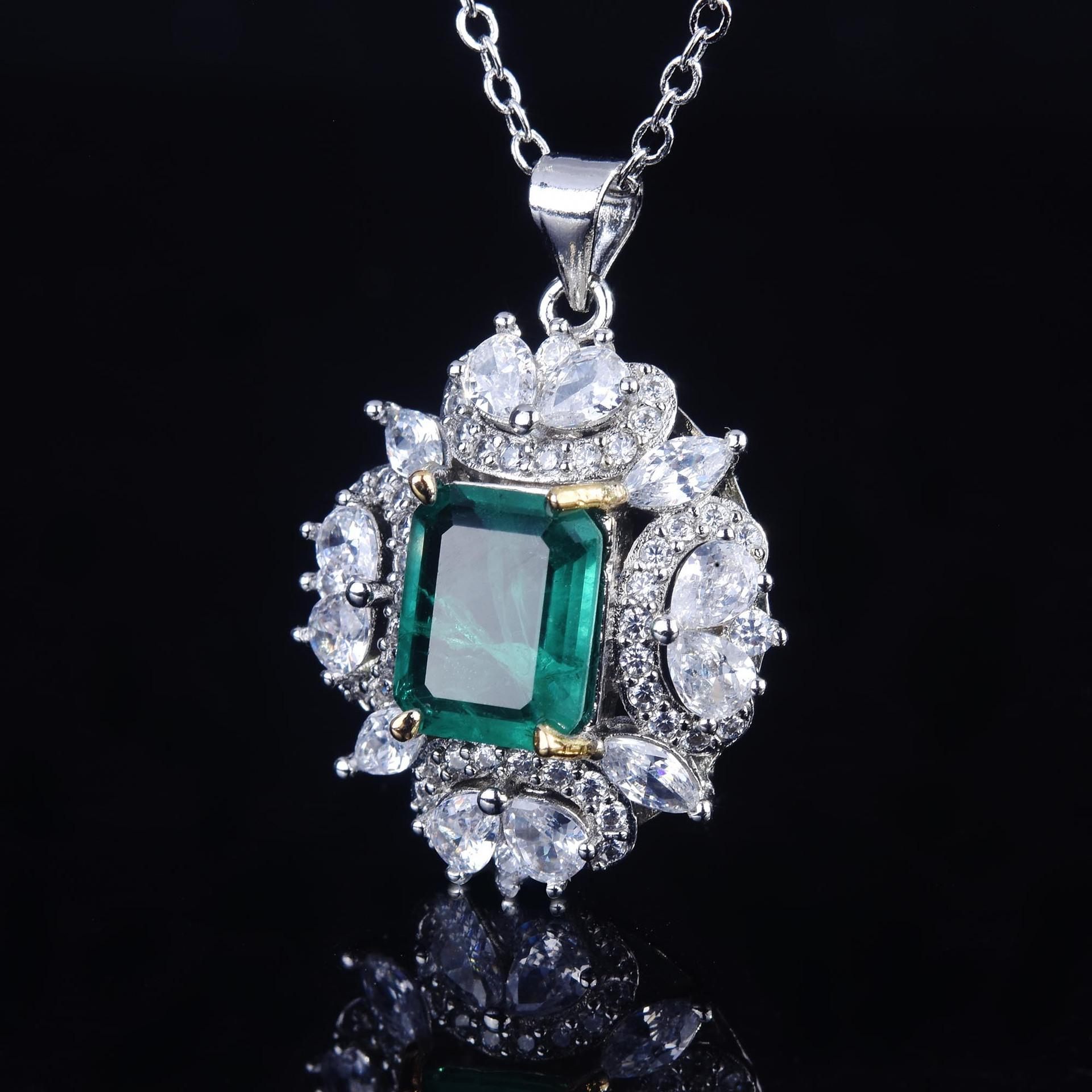 Simulation Emerald Square Set, Luxury Full Diamond Pendant, Open Ring, Colorful Treasure Stud Earrings.