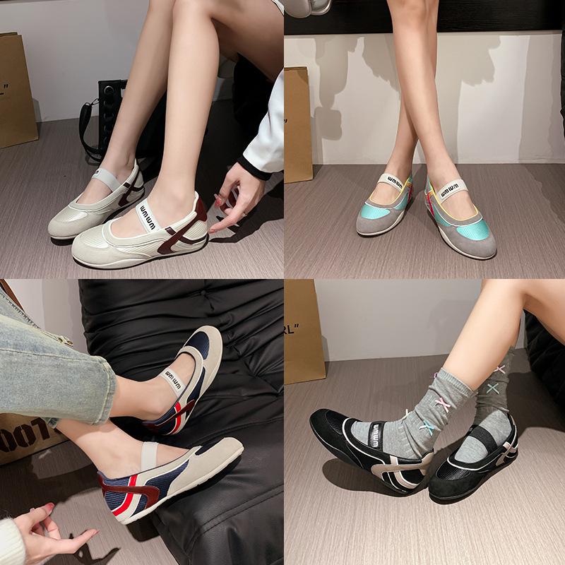 2025 New Spring and Summer Leather Mesh Color Matching Flat-soled Single Shoes Women's Round Head and One Pedal Casual Mary Jane Shoes Women