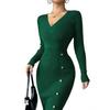 Womens V-Neck Long Sleeve Knit Midi Dress High Waist Fitted Sheath Winter Office Chic