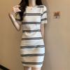 Women's Striped Short-Sleeve Round Neck Knit Dress: Early Autumn Style, Slimming & Fresh Mid-Length Skirt.
