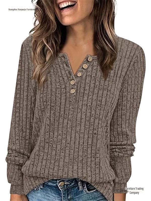Women's Round Neck Ribbed Patchwork Solid Color Button T-shirt