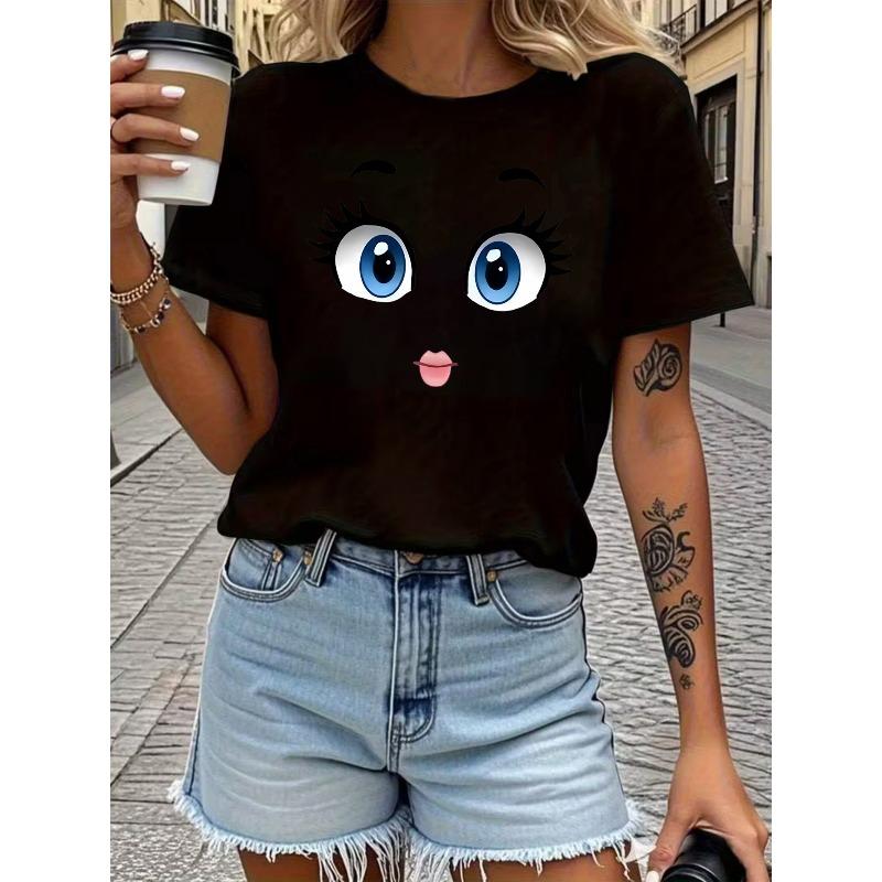 Women's Cute Cartoon Big Eye Print Casual Sports Tee Crew Neck Short Sleeve Multicolor Machine Washable All Season Everyday Outfit Festive Gift Top