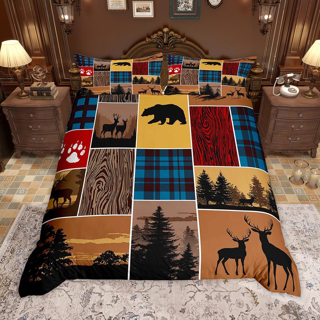 Homewish Rustic Lodge Cabin Duvet Cover Set Hunting Deer Bear Bed Set Retro Plaid Checkered Quilt Cover Set