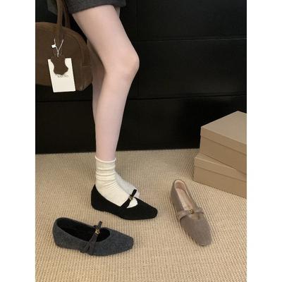 Inner Height Increase Gray Woolen Mary Jane Shoes Women's Season Plush One Pedal Fluffy Shoes