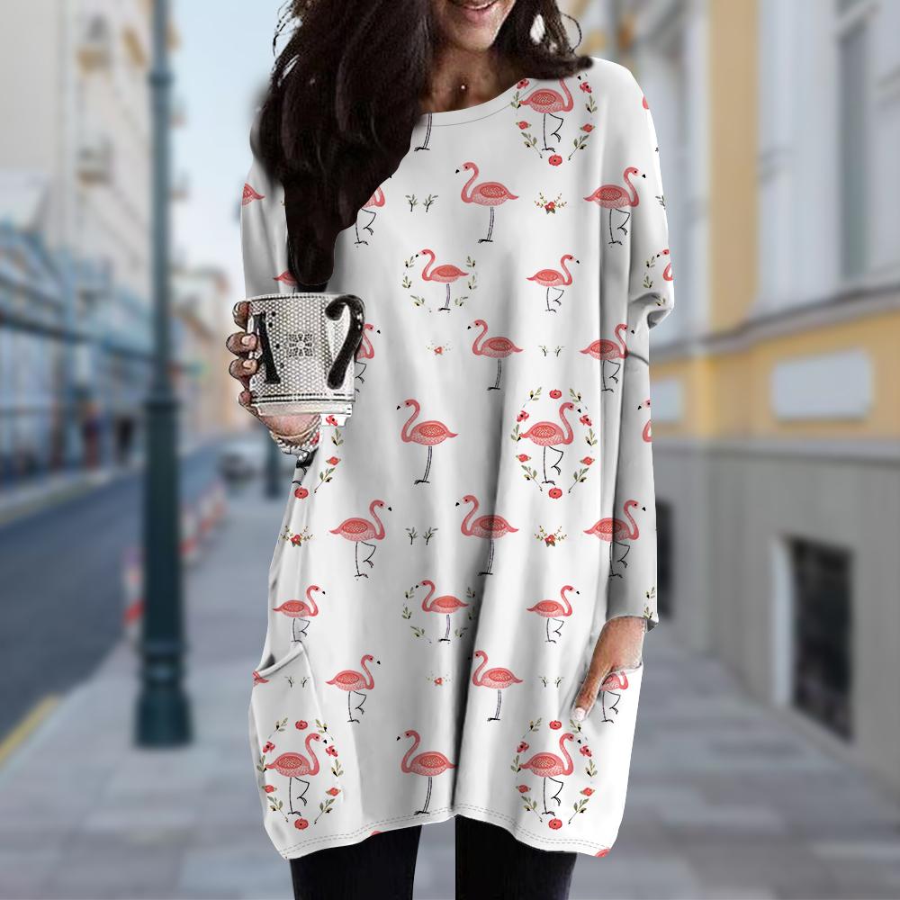 Women's Red-crowned Crane Print Crew Neck Dress Spring Fall Plus Size Dress Pocket Dresse