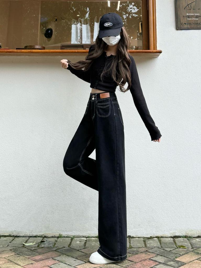 Women's Black Wide-Leg Jeans, 2025 Spring/Autumn: High-Waist, Buttoned, Slimming, Floor-Length, Straight Fit.