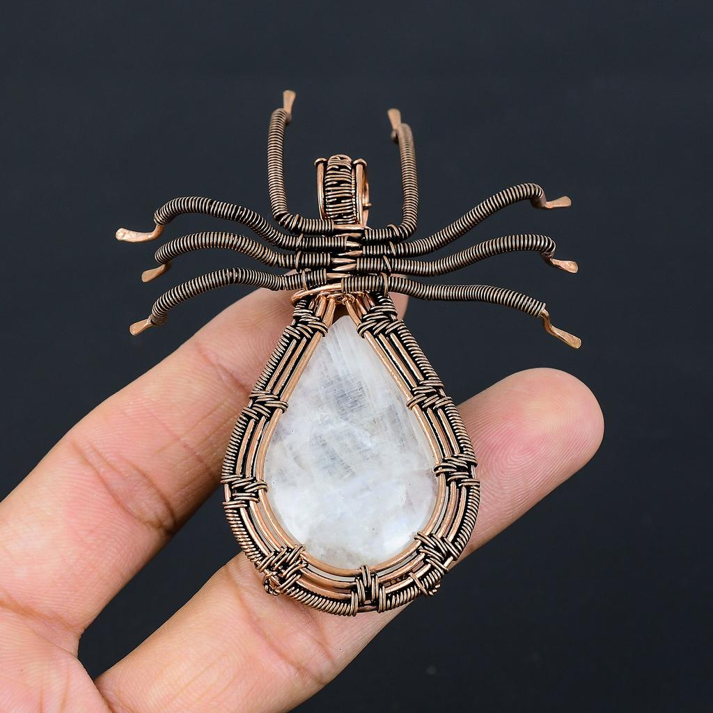 Natural Rainbow Moonstone Gemstone Copper Wire Wrap Spider Pendant 2.56" B0N50