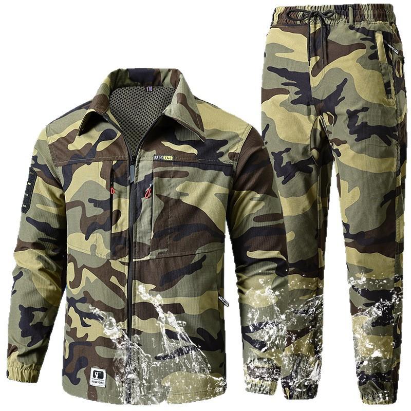 Mens Camo Short Sleeve Shirt Pants Set Durable Breathable Training Uniform Hiking Camping Outdoor Activities