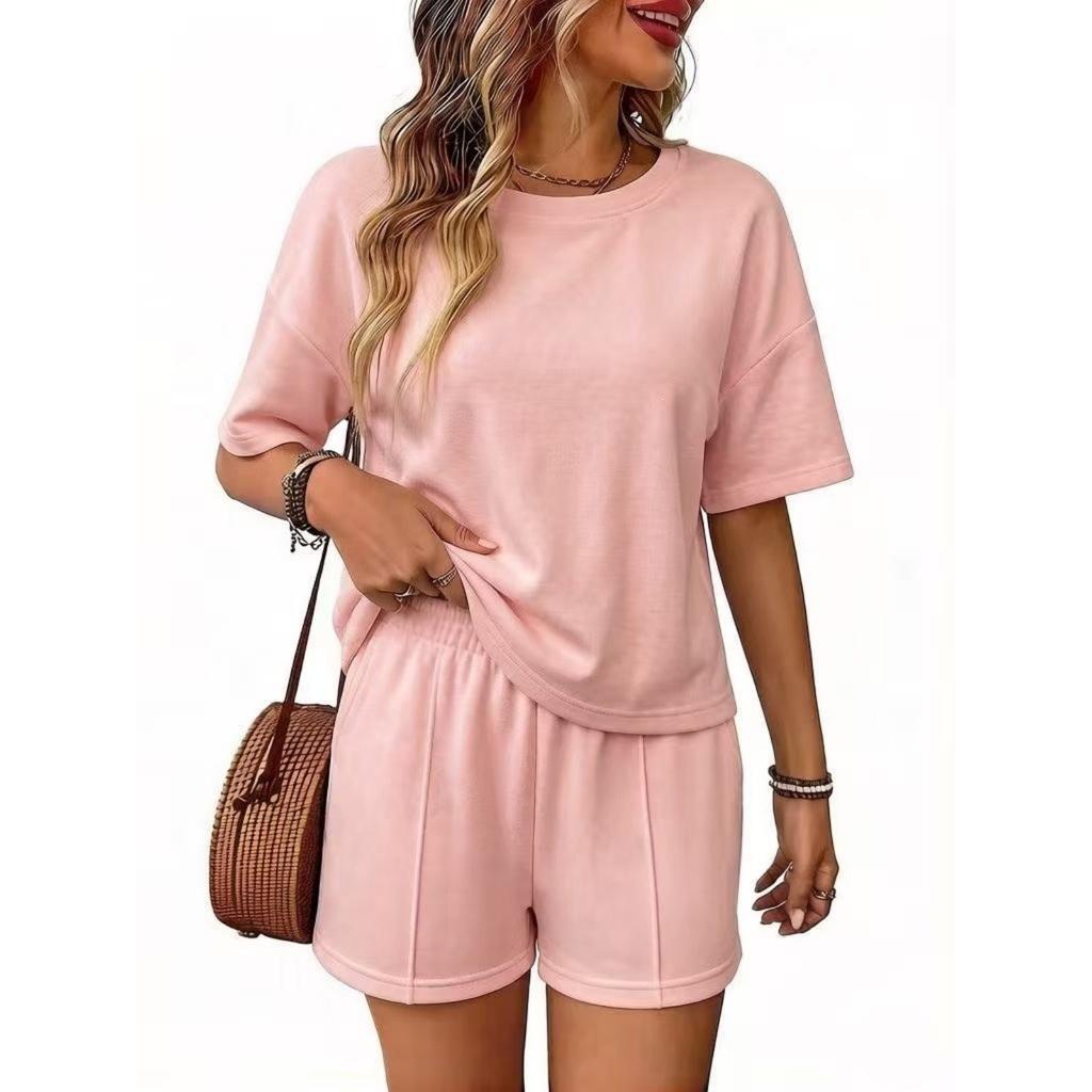 Women’s Relaxed Fit Short Sleeve Top and Shorts Two Piece Outfit Set for Casual Summer Wear Lounge and Daily Activities