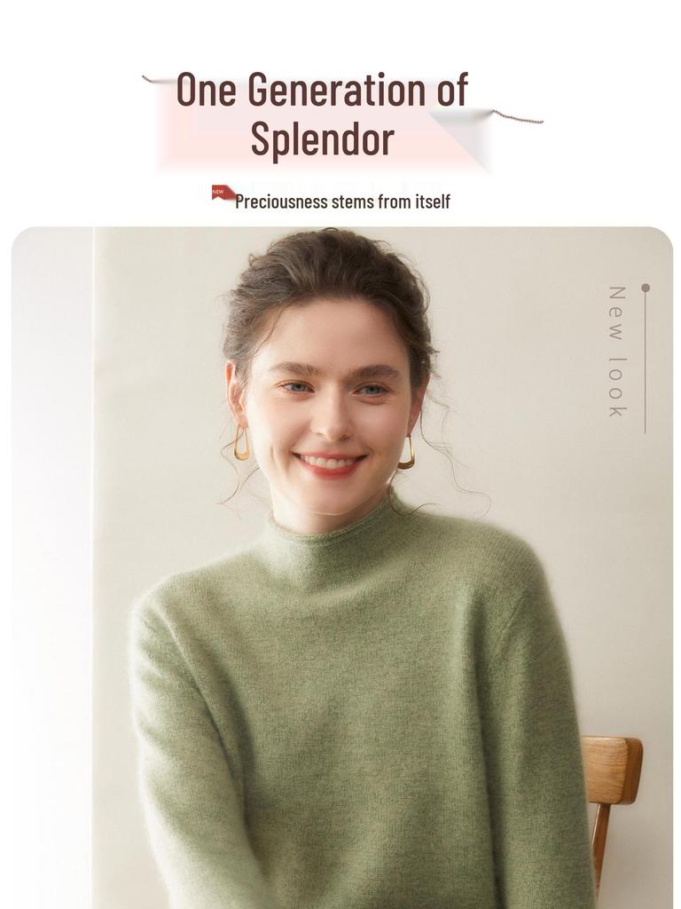 Women's Solid Color Cashmere Sweater: Floral Yarn, Half-High Neck, Rolled Hem Knit Base Layer Top.