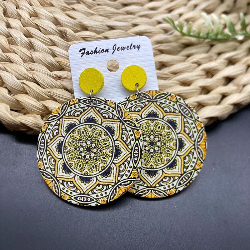 Ethnic Vintage Round Printed Wooden Earrings for Women Simple Muticolor Flower Pattern Drop Earring Daily Party Jewelry