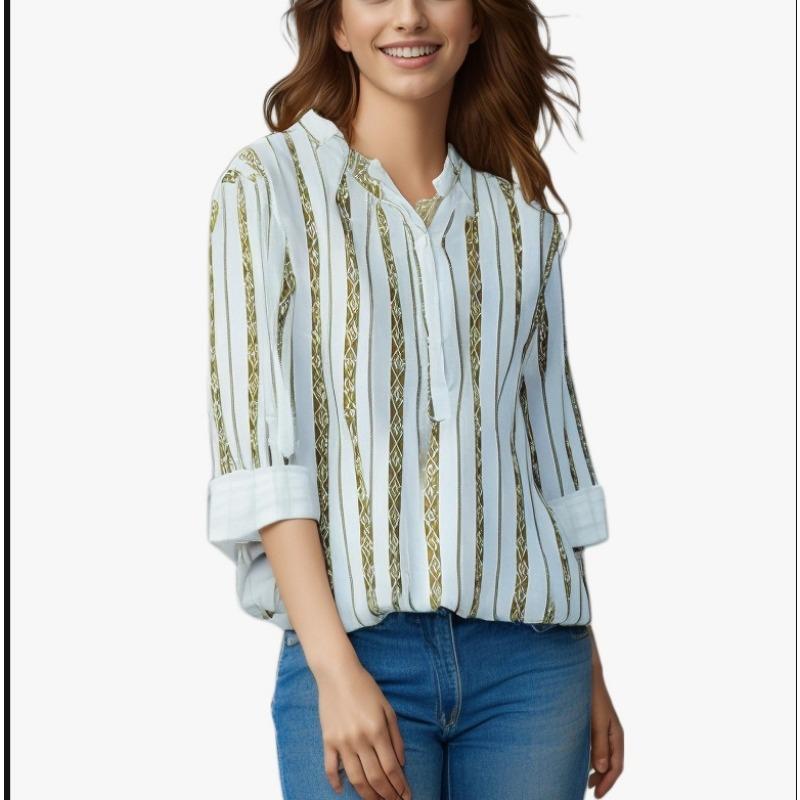 Women's New Striped Printed Button Up Shirt, Loose Long Sleeved Top