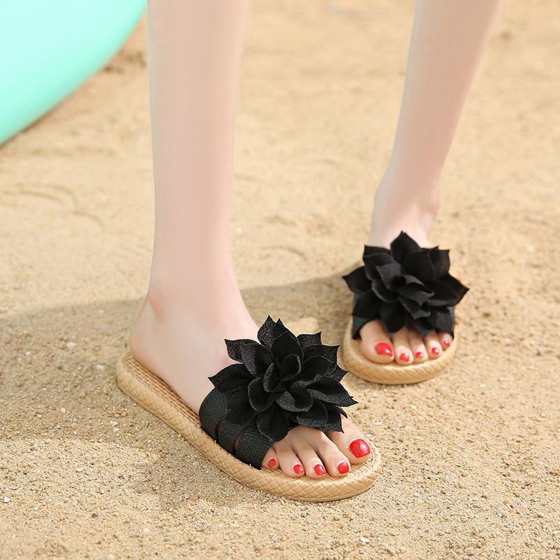New big flower summer slippers students wear wear wear-resistant flat sandals home cute beach shoes