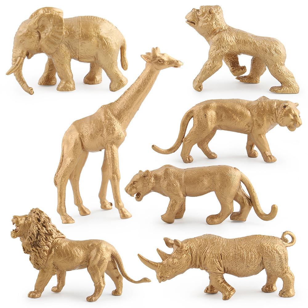 Lion Giraffe Rhinoceros Wildlife Gold Figurine Desktop Ornament Set Gift Display
