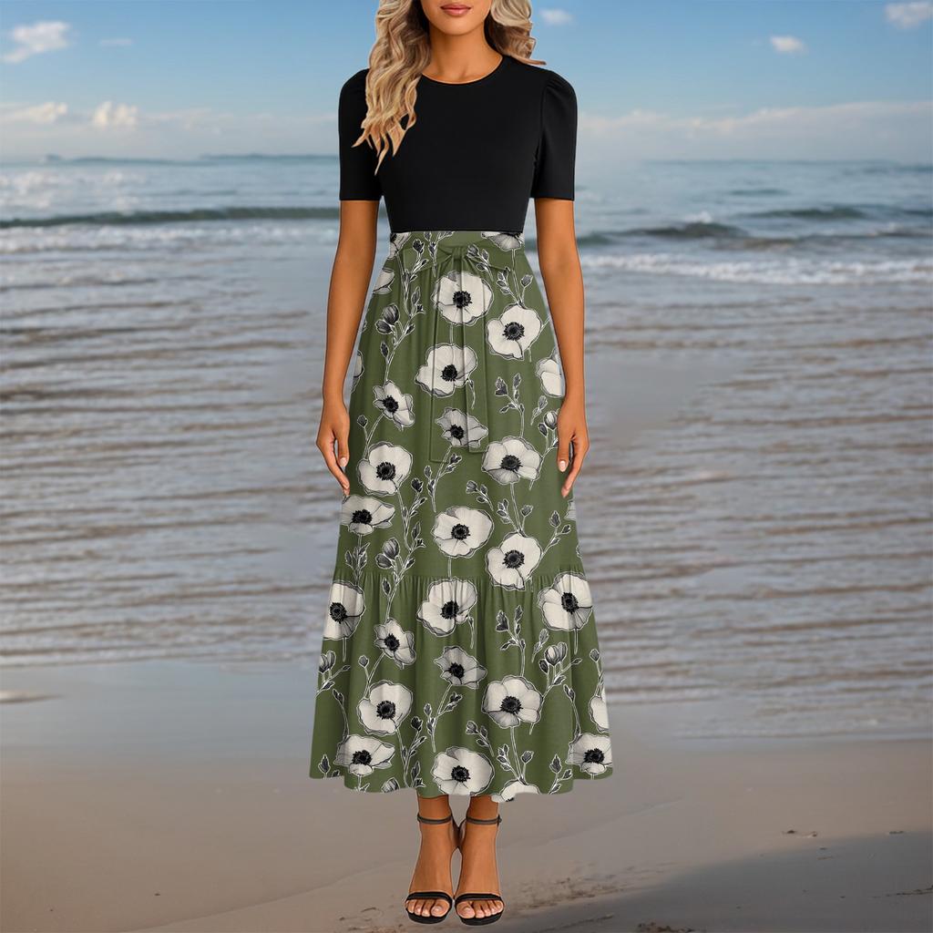 Women's Fashionable Casual Belt Short Sleeved Round Neck Print Elegant Temperament Dress