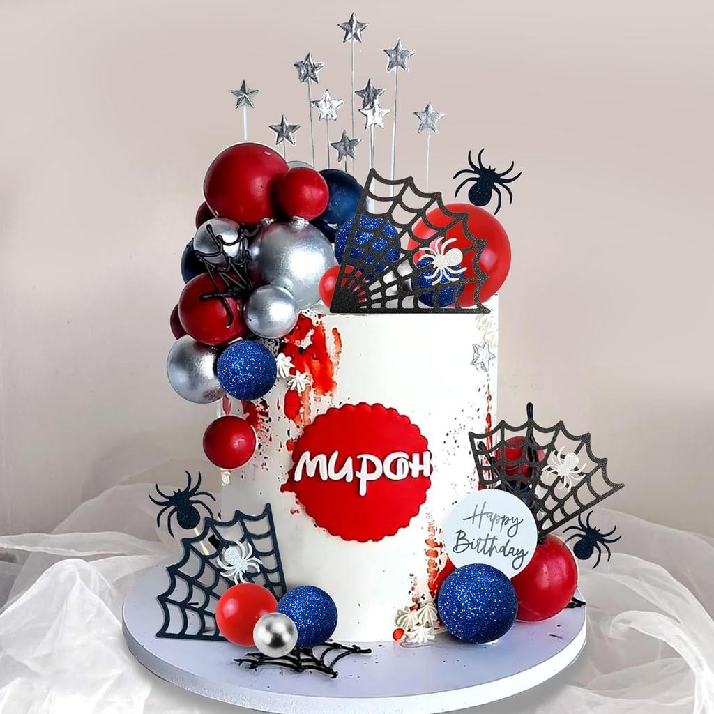 Spider Theme Cake Decor Glitter Spider Birthday Toppers Star Red Silver Blue Balls Cupcake Topper for Boys Men Baby Shower Party