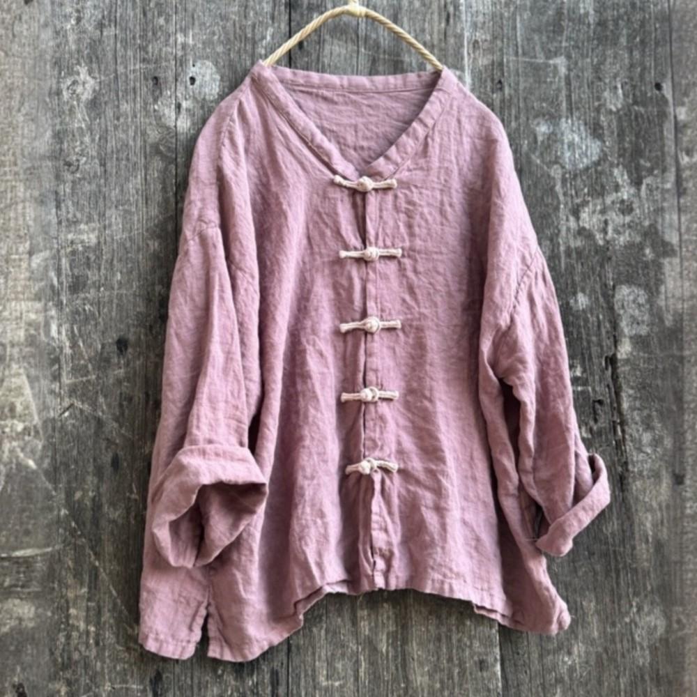 Johnature Women Vintage Shirts Solid Color Stand Long Sleeve Blouses Autumn Button Loose Chinese Style Top