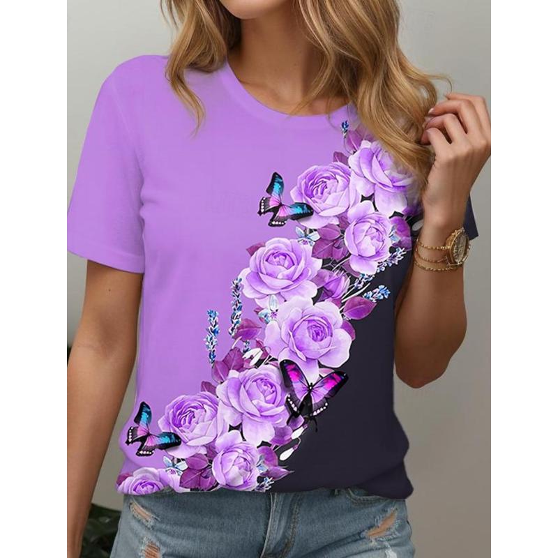 2024 Tricou pentru femei Tricou Floral Casual Vacanță Imprimeuri 3D Zilnic Topuri cu mâneci scurte Tricouri cu gât rotund pentru femei