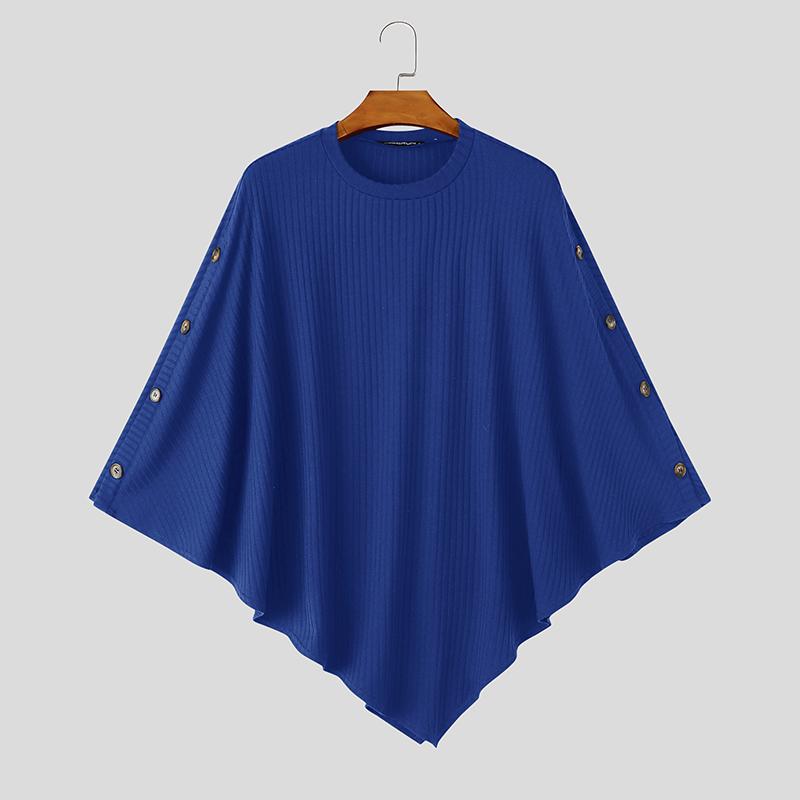 INCERUN Men Ribbed Knit Poncho Tops Side Button Batwing Sleeve Loose Casual Pullovers