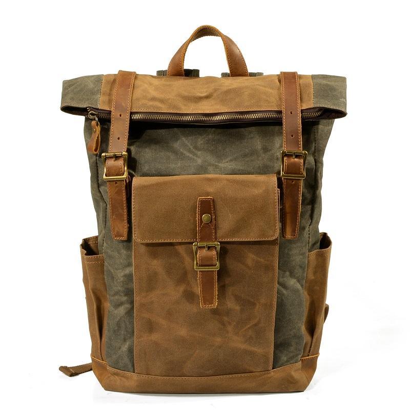 Sac à dos de luxe pour homme en toile cirée à l'huile avec cuir de vachette Sac pour ordinateur portable Haute qualité Tendance Sac à dos de voyage Imperméable Rétro Sacs à dos de jour