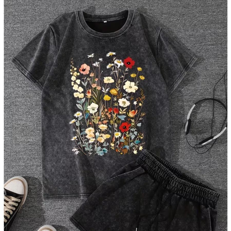 Vintage Washed T-shirt with Fern Leaf & Botanical Print - Soft Relaxed Fit Short Sleeve Round Neck Casual Top,Fern Leaf Shirt