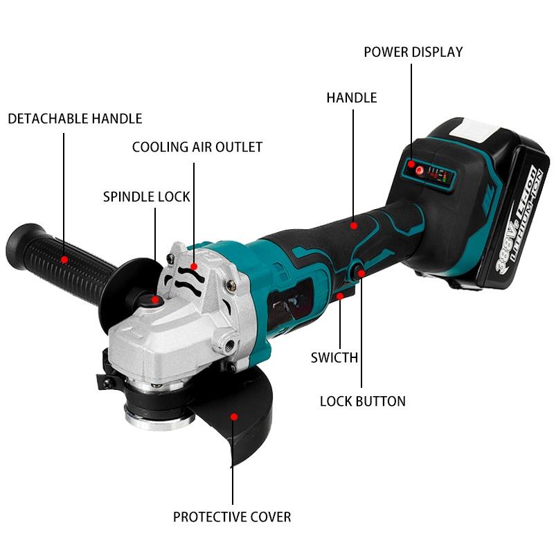 1600w 388VF Cordless Angle Grinder 800n.m Grinder Grinding Machine for 18V Battery 125mm