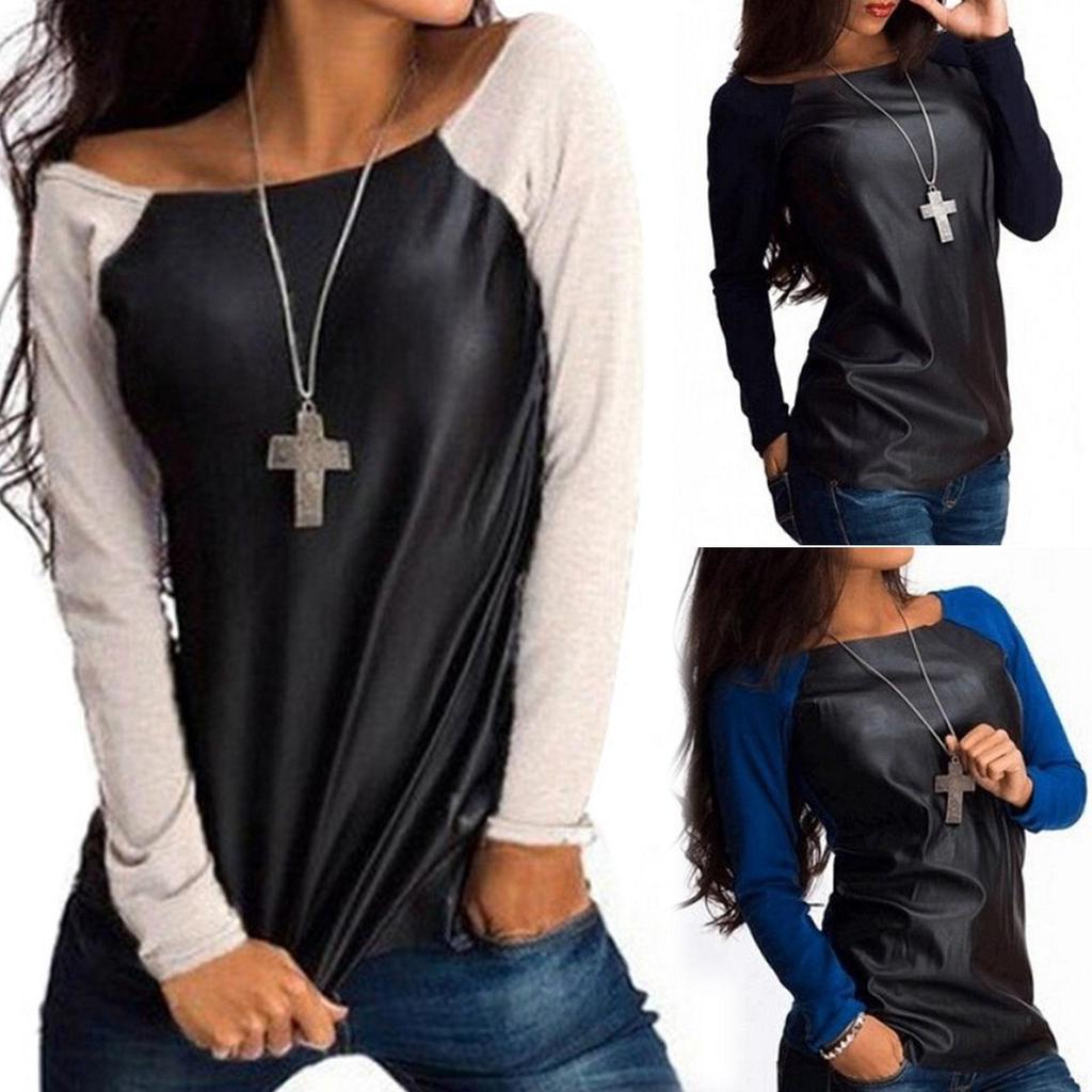 Eoeth Women Casual Color Block Patchwork Button Blouse Simple Wild Long Sleeve Slim Pile Collar Tops Pullover Sweatshirt