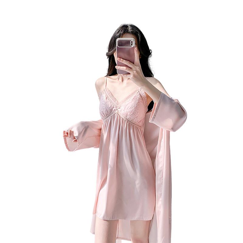 Black lace suspender nightdress two-piece set summer imitation silk sexy loungewear women's thin coat set