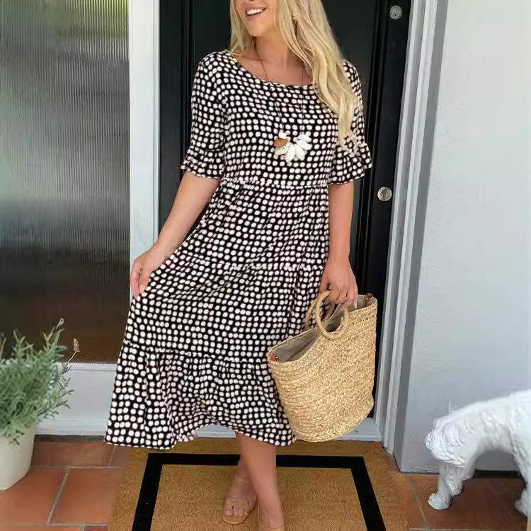 

Light Brown White Polka Dot Midi Dress with Ruffled Sleeves, Floral Necklace, and Straw Handbag S чорний