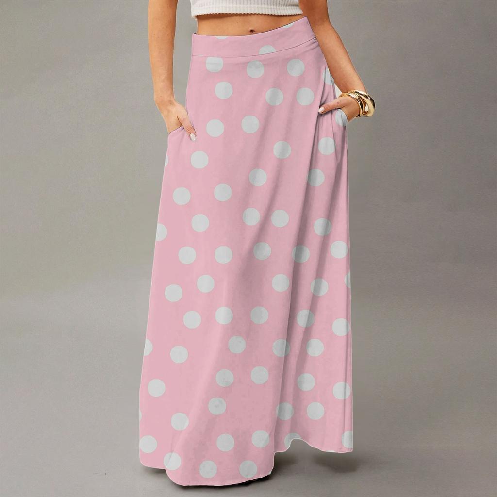 Damska Casualowa Składana Spódnica Maxi z Wysokim Stanem w Kropki z Kieszenią, Draperowana, Luźna
