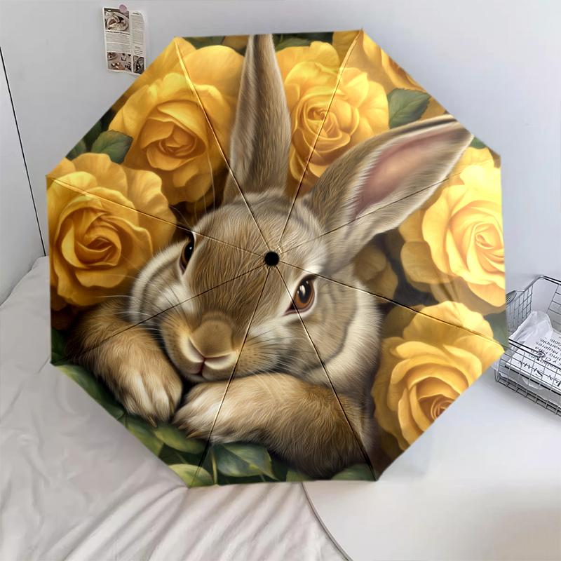 

Rabbit and Flowers pattern, automatic folding umbrella, portable and foldable design, 8 ribs, a Christmas or birthday gift.